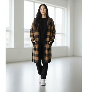 Denim &‎ Co Hooded Jacquard Sweater Cardigan Plaid Camel/Black Classic XXS NWOT